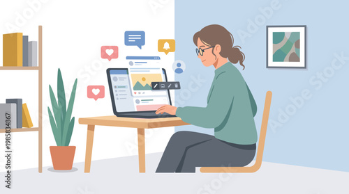 portrait of woman using laptop at desk during work.