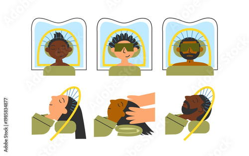 Diverse characters  in head spa. Jade mask, water halo and massage for men and women. Hair washing and scalp treatment. Japanese rejuvenating  and relaxation ritual. Self-care and wellness  routine.