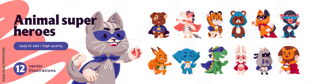 Naklejka premium Cute animal superheroes set. Funny and brave baby heroes with masks and capes. Happy dog, cat, bear, rabbit and monkey with super powers. Flat isolated vector illustration on white background