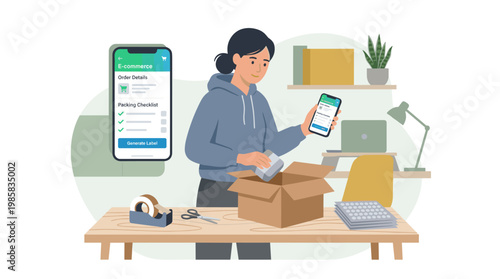 Woman packaging boxes at home office desk.