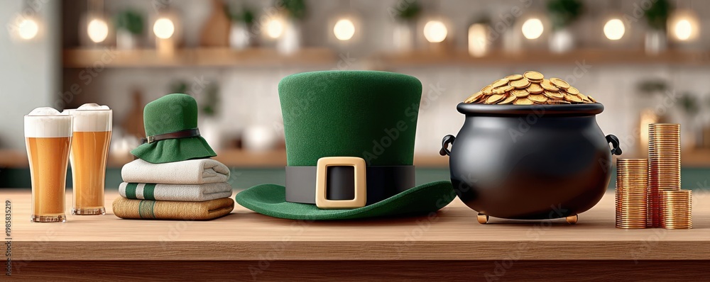 Fototapeta premium St. Patrick's Day background with green leprechaun hat, pot of gold, coins and beer on counter
