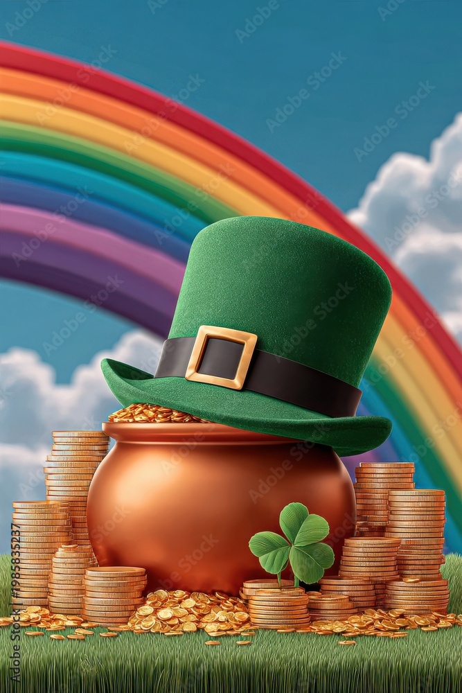 Fototapeta premium St. Patrick's Day pot of gold with leprechaun hat, rainbow and lucky shamrock on grass