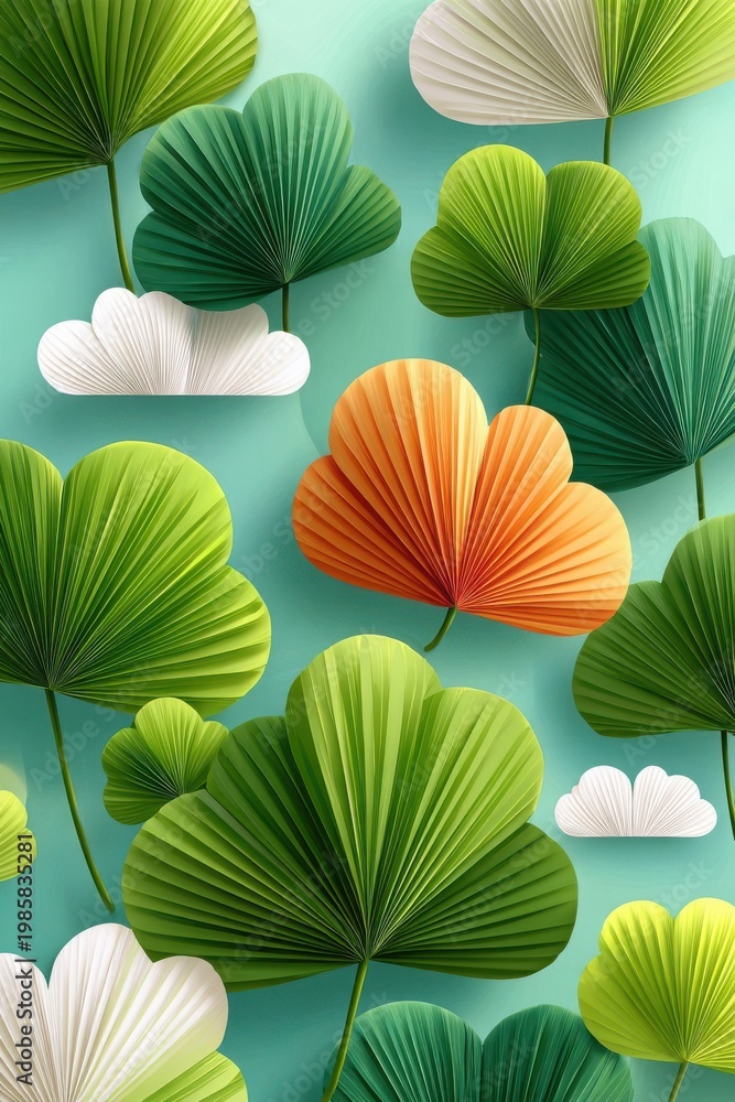 Fototapeta premium St. Patrick's Day shamrock background with layered paper clover pattern and green leaves
