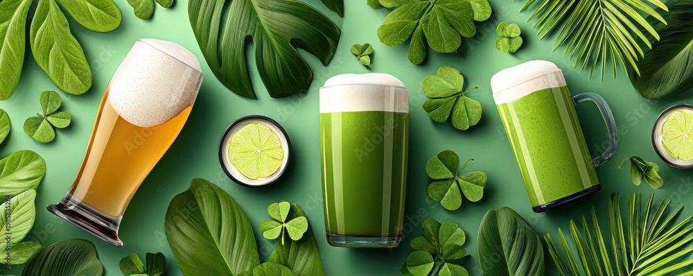 Fototapeta premium St. Patrick's Day festive background with green beer, clover leaves and tropical foliage
