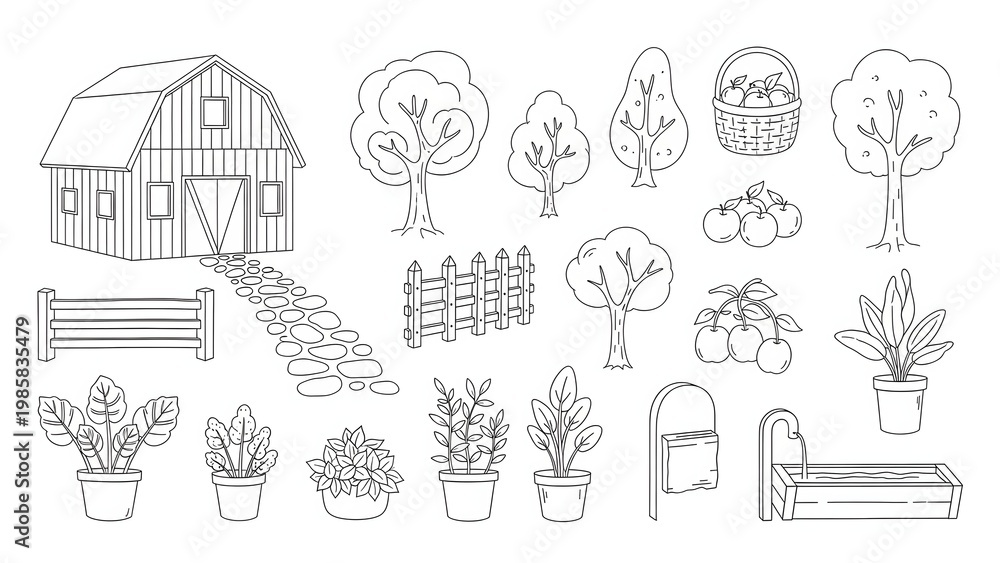 Fototapeta premium Rural farmhouse and garden line art icons set.