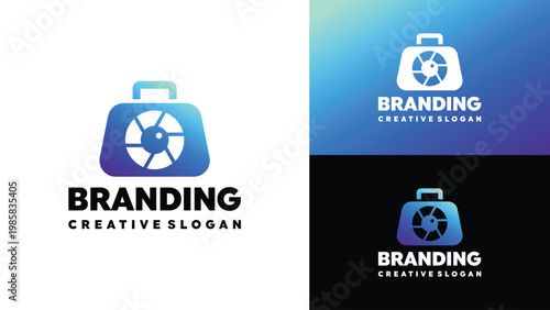 Professional Photography Agency Logo with Briefcase and Camera Lens Shutter Symbol for Creative Media Business Branding