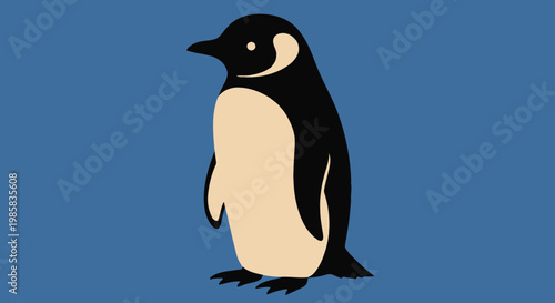Stylized Penguin Cartoon Illustration on a Blue Background Showcasing a Charming Tuxedo-Bellied Bird.