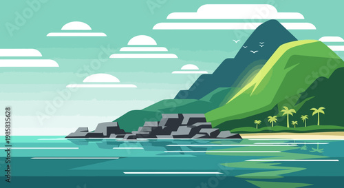 Calm coastal landscape with rocky outcrops, hills and palm trees overlooking a tranquil sea.