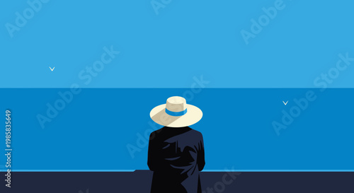 Silhouette of a solitary person sitting by the sea, gazing at the horizon under a clear blue sky.