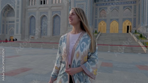 Young Woman Walking Near Islamic Civilization Center in Tashkent
