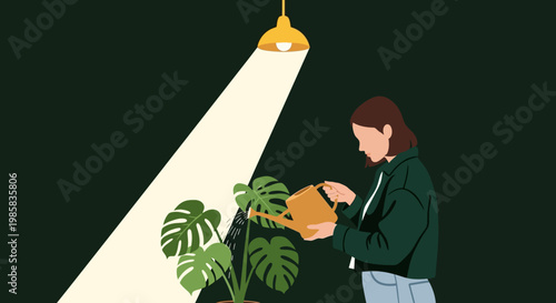 Person tending a houseplant under a spotlight in an indoor setting, showcasing quiet plant care and nurturing growth.