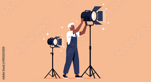 Illustration of a photographer setting up studio lighting and camera equipment.