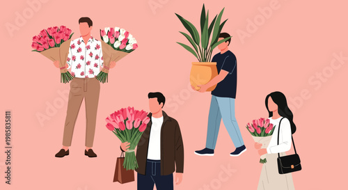 Vivid group of people with colorful bouquets in a bright pink setting, showcasing smiles and shared moment.