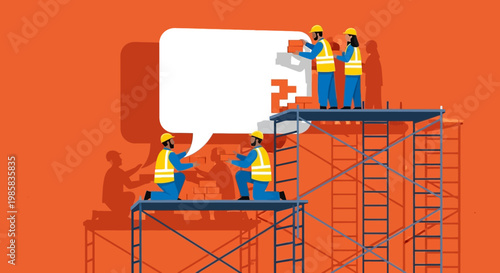 Construction workers assemble scaffolding and workers supervise progress on a building project site.