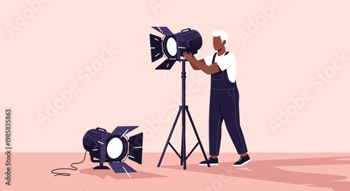 Photographer adjusting lighting in a studio setup with tripods and cameras.