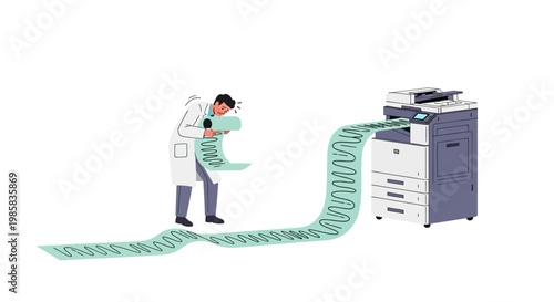 Office worker generates an endless stream of paper from a printer, illustrating heavy paperwork and automated office workflow.