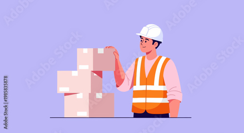 Construction worker in safety gear standing beside stacked boxes at a worksite.