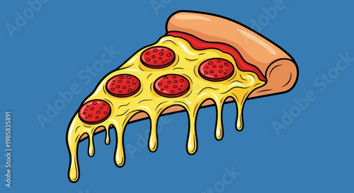 Melting cheese on a pepperoni pizza slice illustration with blue background.