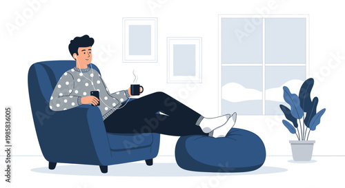Relaxing person reading a book at home in a cozy living room scene with a chair and soft light.