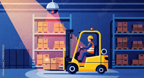 Illustrated warehouse scene with a forklift operator moving boxes among stacked crates and shelves.