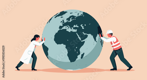 Two individuals collaborate to move a giant Earth globe, illustrating global teamwork and environmental responsibility.