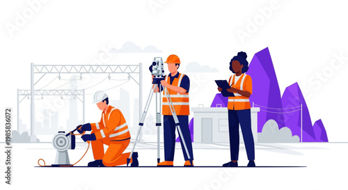 Construction site team wearing safety gear engages in planning and collaboration at an active project.