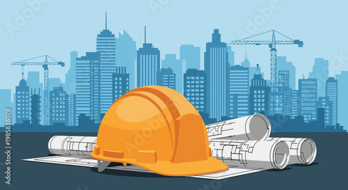 Construction Scene Over a Cityscape Featuring a Hard Hat and Blueprints.