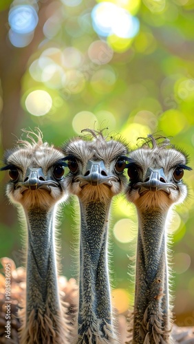 Three ostrich heads with long necks in bokeh background