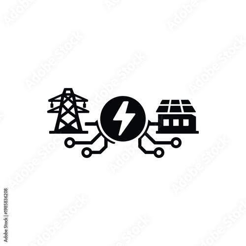 Smart grid icon for sustainability and green energy, smart grid renewable electricity distribution symbol in black and white vector