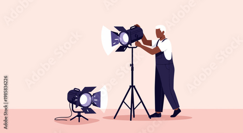 Photographer sets up studio lights for a portrait shoot in the studio.