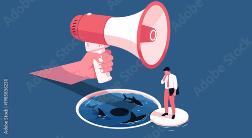 Global outreach through public announcement by a lone figure beside a world map illustration.