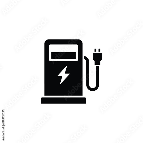 Electric vehicle charging station icon for sustainability and green energy, electric vehicle charging station clean transport symbol in black and white vector