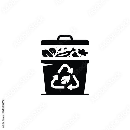 Compost bin icon for sustainability and green energy, compost bin organic waste recycling symbol in black and white vector