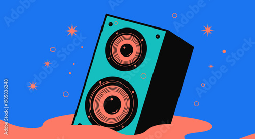 Vibrant teal stereo speaker illustration with orange base on blue background.