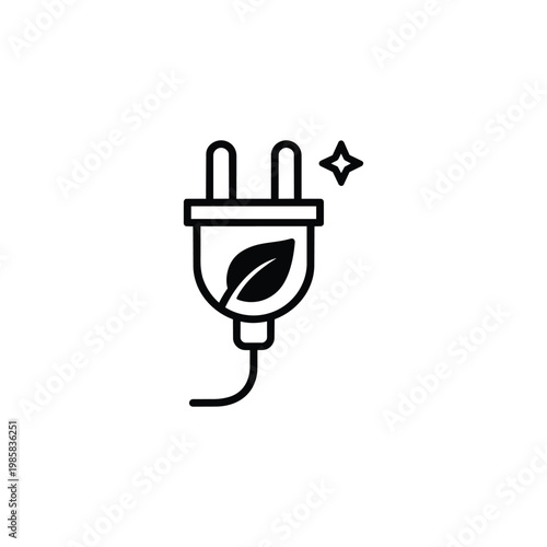 Eco plug icon for sustainability and green energy, eco plug clean electricity symbol in black and white vector