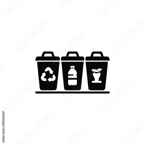 Recycling bins icon for sustainability and green energy, recycling bins waste sorting symbol in black and white vector