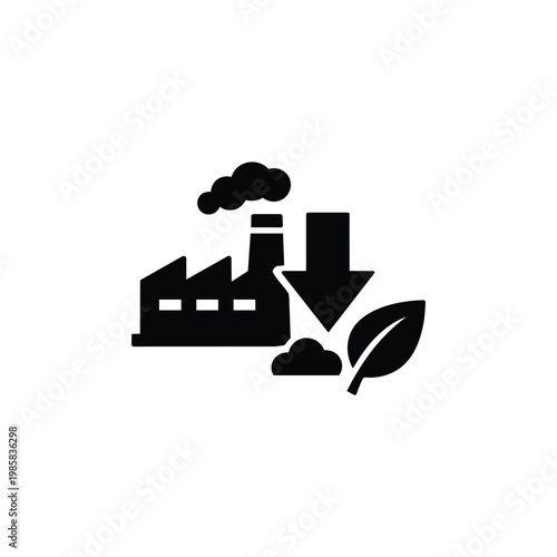 Industrial emissions reduction icon for sustainability and green energy, industrial emissions reduction factory symbol in black and white vector