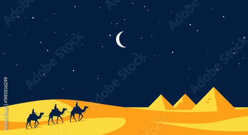 Nighttime Desert Caravan Across Dunes with Pyramids Under Moonlight.