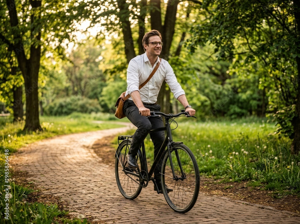 Naklejka premium Professional man commuting by bicycle on a park path