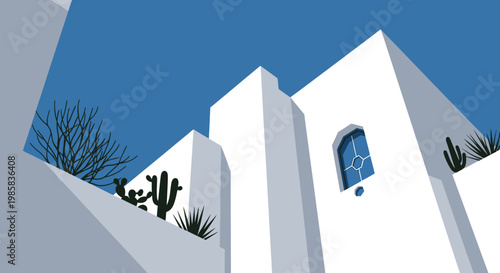 Whitewashed Mediterranean buildings rising against a blue sky with arches and cacti.