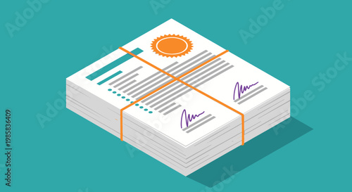 Stacks of cash bundles with seals on a teal background representing business finance and investment.