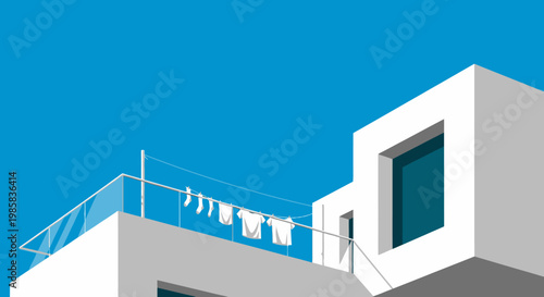 Modern white rooftop residence with laundry hanging on a sunny blue sky terrace and clean architectural lines.