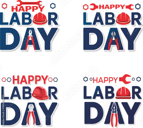 Happy Labor Day celebration design with construction safety helmet and industrial tools for professional worker appreciation event graphics.