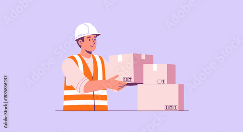 Construction Worker Handling Boxes in a Warehouse with Safety Gear Illustration.