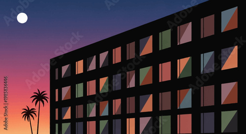 Evening silhouette of a modern apartment block with colorful windows and palm trees.