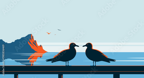 Two shore birds perched on a railing beside a calm sea at sunset.