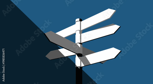 Directional signpost with multiple arrows guiding travel and exploration in a minimalist blue landscape.