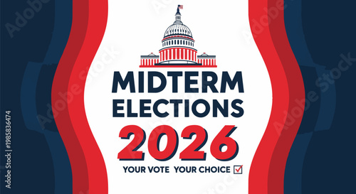 Stylized Capitol building and election graphic with red and blue streamers, cinematic composition, suitable for political campaigns, voter education, and civic engagement.