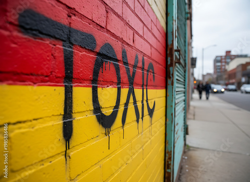 Bright graffiti displays word toxic on yellow and red brick wall. Urban street scene background with buildings and cars passing by. Message on painted surface.  Urban Graffiti Art