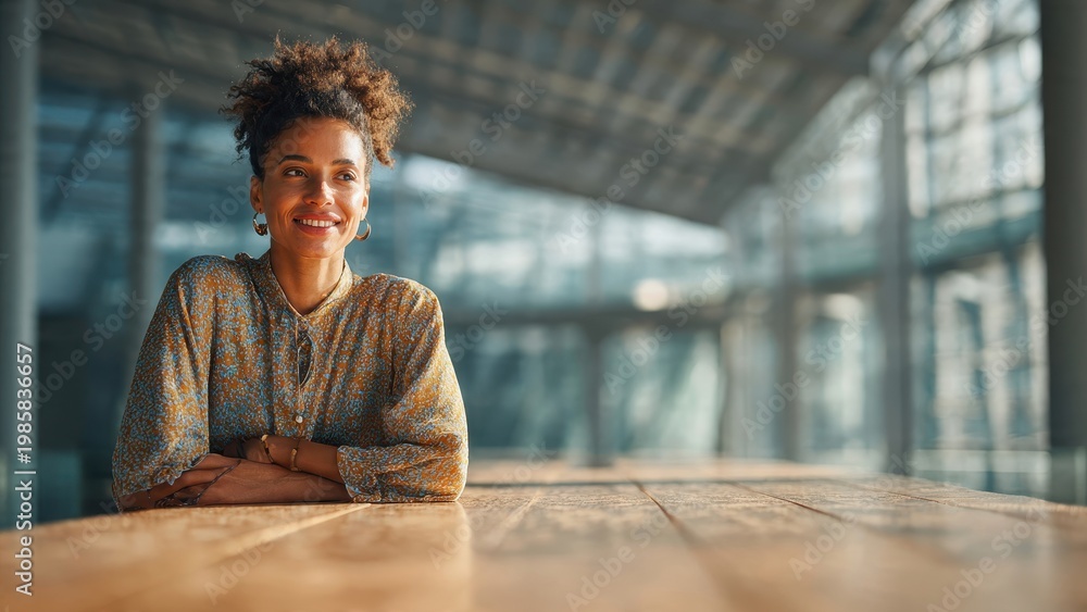 Obraz premium Happy Young African American Woman Smiling and Looking Sideways while Sitting at Wooden Table in Modern Glass Office Building with Natural Sunlight and Soft Bokeh Background for Copy Space